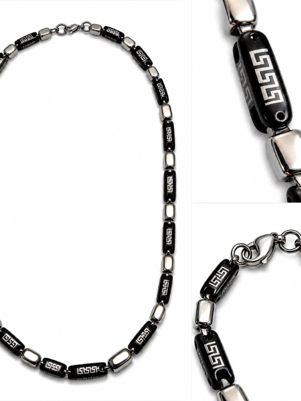 Black & Silver Tone Greek Key Necklace Bracelet Set Stainless Steel Style